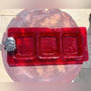 Studio Art Glass Red Rippled Triple Divided Serving Dish with Metal Santa Head